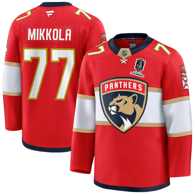 Men's Florida Panthers #77 Niko Mikkola Red Home 2025 Stanley Cup Champions Patch Stitched Hockey Jersey