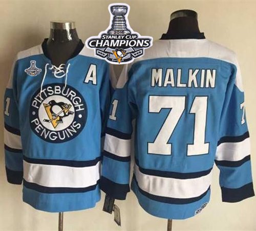 Penguins #71 Evgeni Malkin Blue Alternate CCM Throwback 2016 Stanley Cup Champions Stitched NHL Jersey
