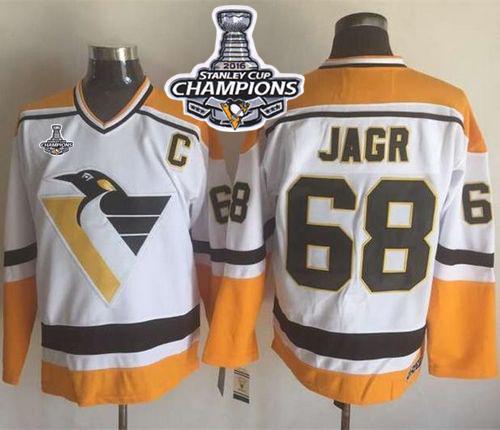 Penguins #68 Jaromir Jagr White/Yellow CCM Throwback 2016 Stanley Cup Champions Stitched NHL Jersey