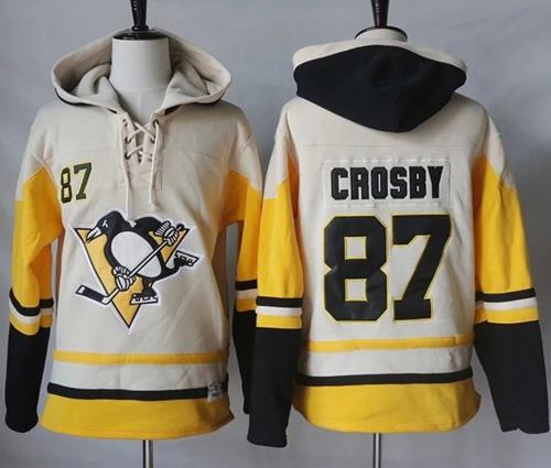 Penguins #87 Sidney Crosby Cream/Gold Sawyer Hooded Sweatshirt Stitched NHL Jersey