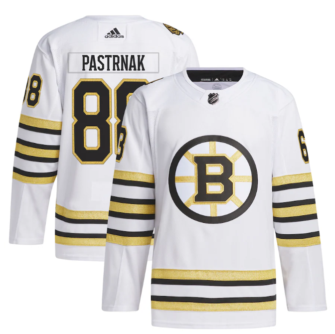 Men's Boston Bruins #88 David Pastrnak White 100th Anniversary Primegreen Stitched Jersey