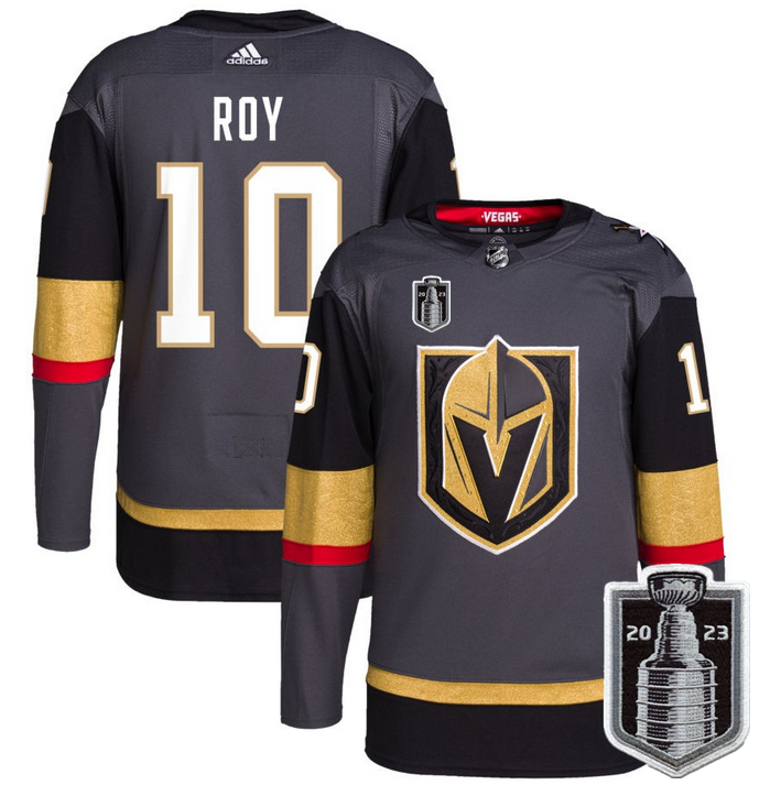 Men's Vegas Golden Knights #10 Nicolas Roy Gray 2023 Stanley Cup Champions Stitched Jersey