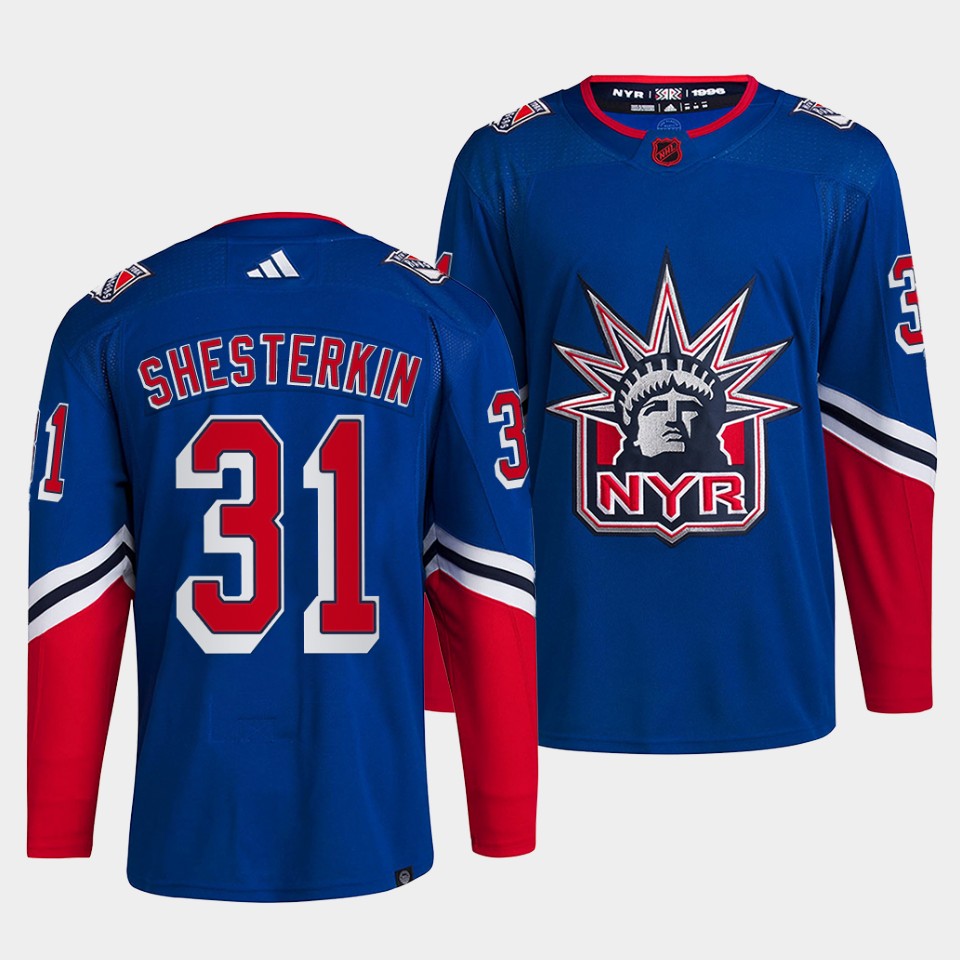 Men's New York Rangers #31 Igor Shesterkin Blue 2022-23 Reverse Retro Stitched Jersey