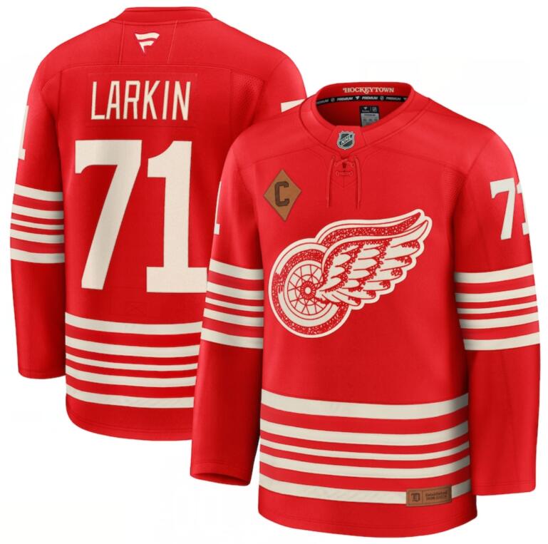Men's Detroit Red Wings #71 Dylan Larkin Red 2025 With C Patch Centennial Premium Stitched Hockey Jersey
