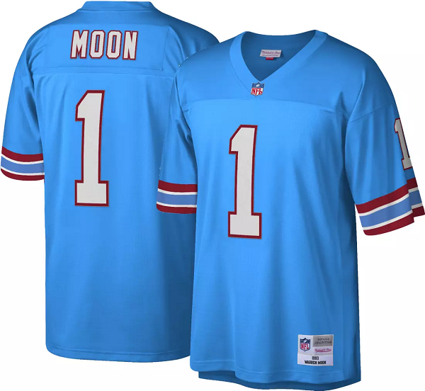 Men's Houston Oilers/Tennessee Titans #1 Warren Moon Light Blue 1993 Home Game JerseyStitched Jersey