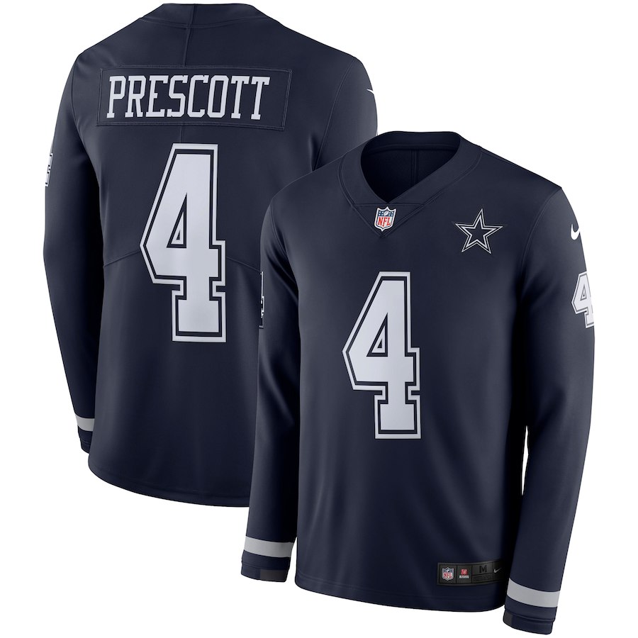 Men's Dallas Cowboys #4 Dak Prescott Navy Therma Long Sleeve Stitched NFL Jersey