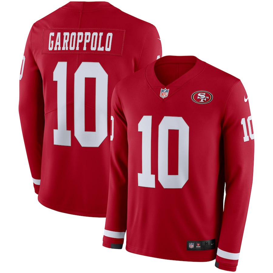 Men's San Francisco 49ers #10 Jimmy Garoppolo Scarlet Therma Long Sleeve Stitched NFL Jersey
