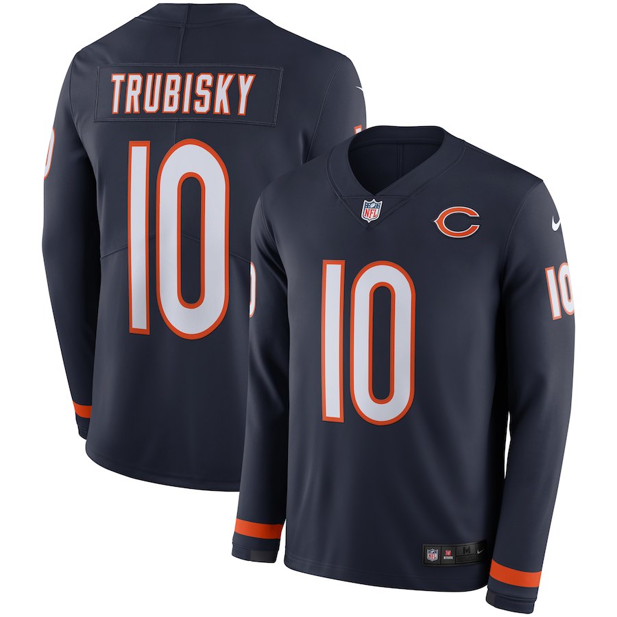 Men's Chicago Bears #10 Mitchell Trubisky Navy Therma Long Sleeve Stitched NFL Jersey