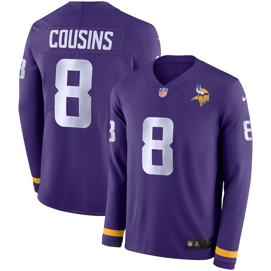 Men's Minnesota Vikings #8 Kirk Cousins Purple Therma Long Sleeve Stitched NFL Jersey