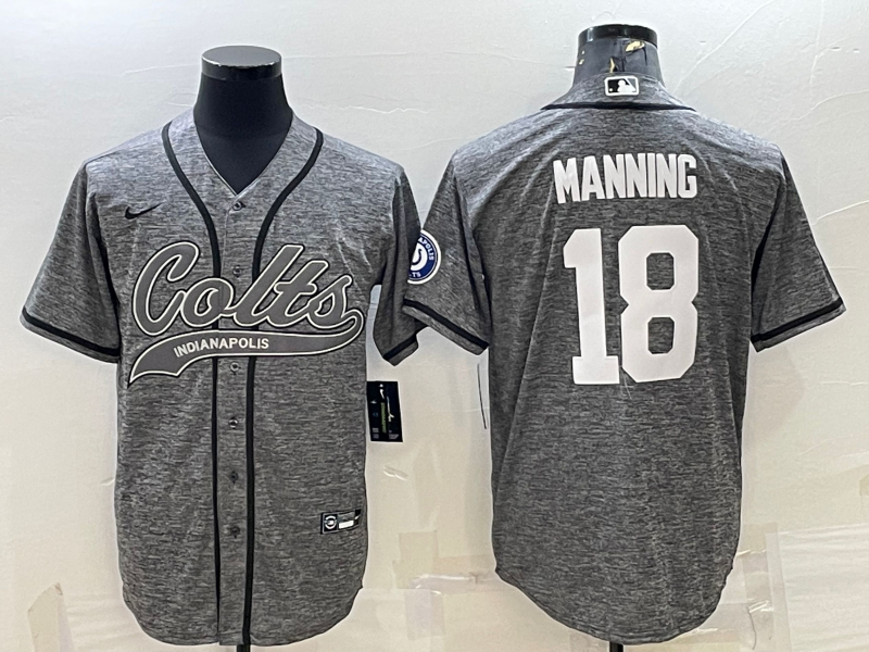Men's Indianapolis Colts #18 Peyton Manning Grey With Patch Cool Base Stitched Baseball Jersey
