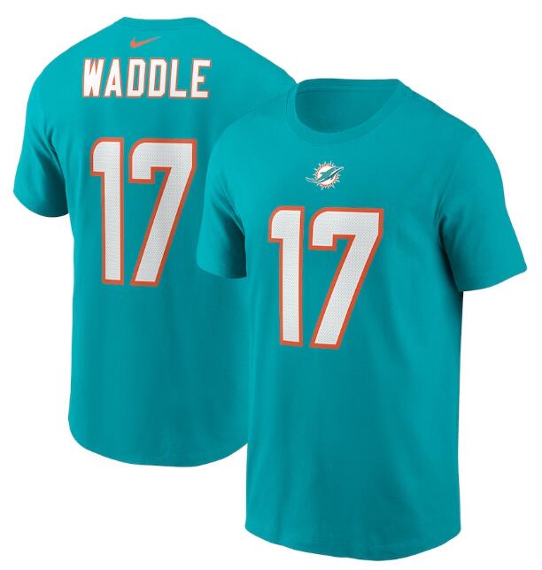 Men's Miami Dolphins #17 Jaylen Waddle 2021 Aqua NFL Draft First Round Pick Player Name & Number T-Shirt