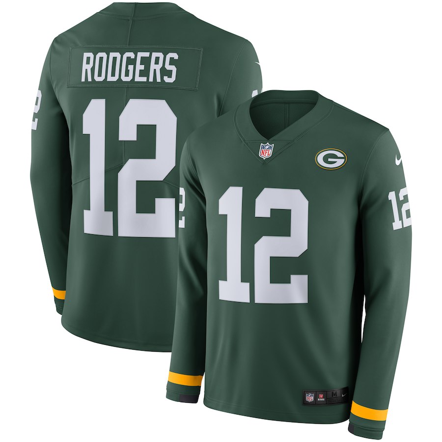 Men's Green Bay Packers #12 Aaron Rodgers Green Therma Long Sleeve Stitched NFL Jersey