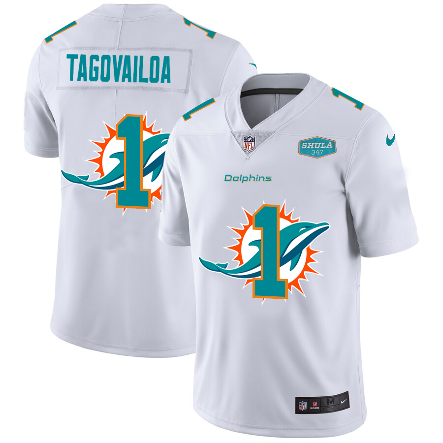 Men's Miami Dolphins #1 Tua Tagovailoa White 2020 Shadow Logo With 347 Shula Patch Limited Stitched Jersey