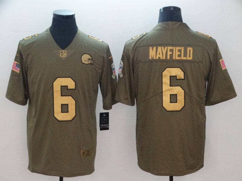 Men's Cleveland Browns #6 Baker Mayfield Gold Anthracite Olive Salute To Service Limited Stitched NFL Jersey