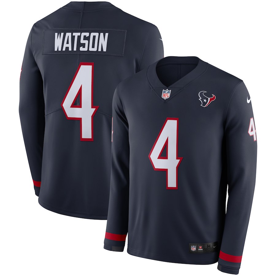 Men's Houston Texans #4 Deshaun Watson Navy Therma Long Sleeve Stitched NFL Jersey