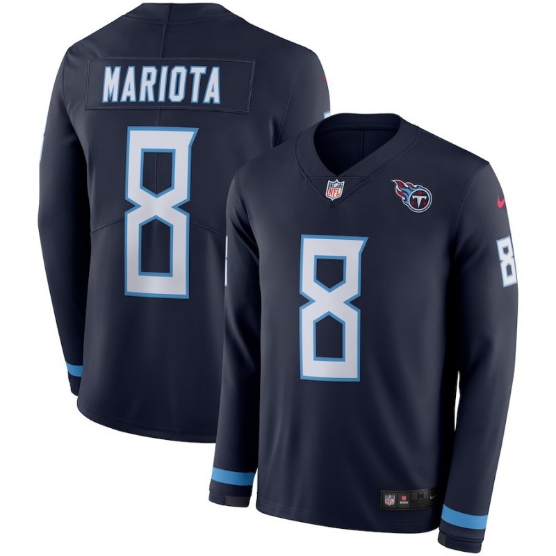 Men's Tennessee Titans #8 Marcus Mariota Navy Therma Long Sleeve Stitched NFL Jersey