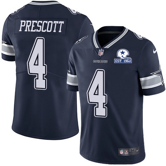 Men's Dallas Cowboys #4 Dak Prescott Navy With Established In 1960 Patch Limited Stitched Jersey