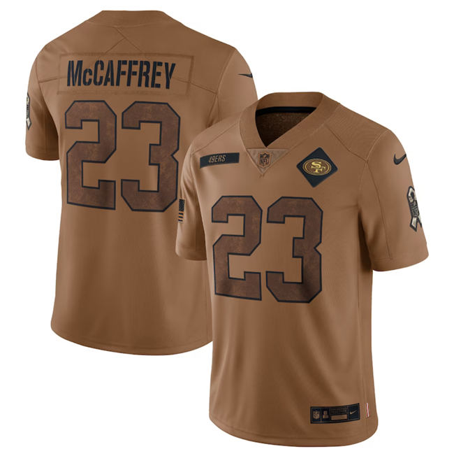 Men's San Francisco 49ers #23 Christian McCaffrey 2023 Brown Salute To Service Limited Stitched Football Jersey
