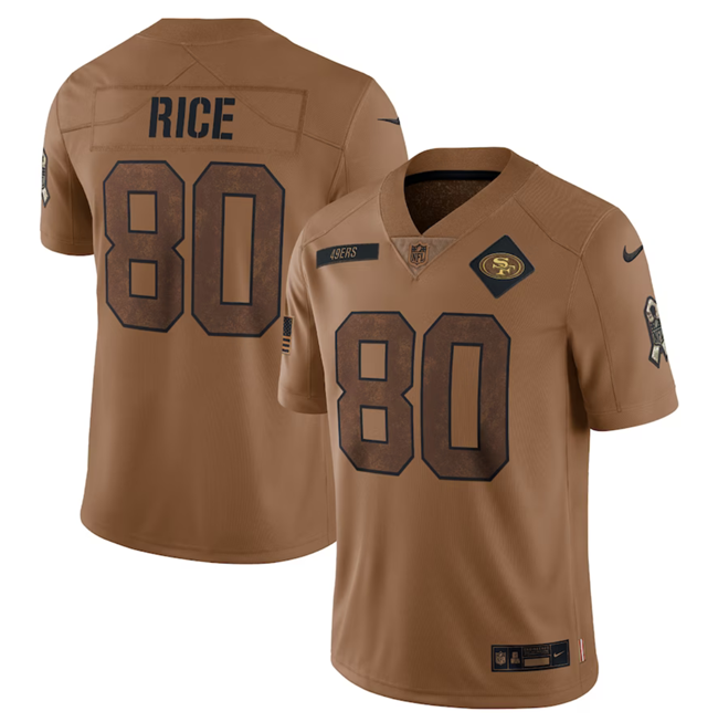 Men's San Francisco 49ers #80 Jerry Rice 2023 Brown Salute To Service Limited Stitched Football Jersey