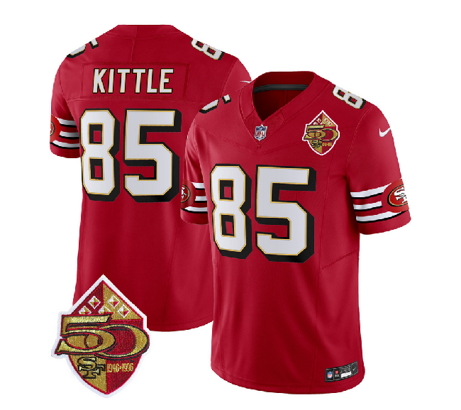 Men's San Francisco 49ers #85 George Kittle Red 2023 F.U.S.E. 50th Patch Throwback Stitched Football Jersey