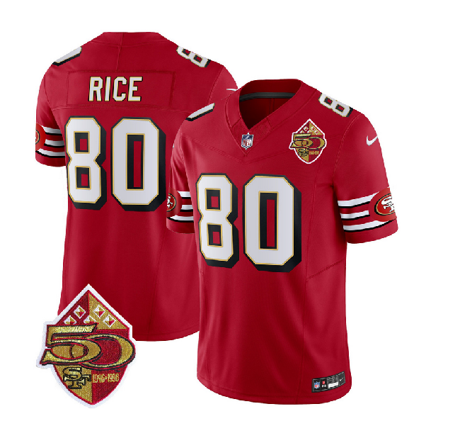 Men's San Francisco 49ers 80 Jerry Rice Red 2023 F.U.S.E. 50th Patch Throwback Stitched Football Jersey