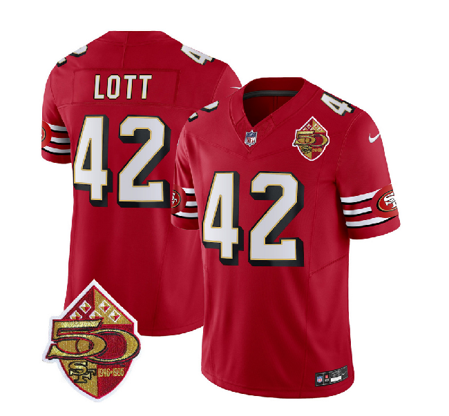 Men's San Francisco 49ers #42 Ronnie Lott Red 2023 F.U.S.E. 50th Patch Throwback Stitched Football Jersey