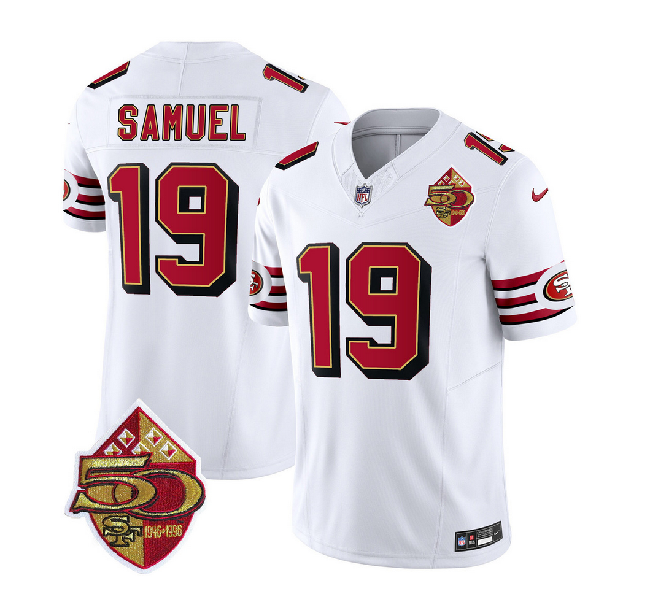 Men's San Francisco 49ers #19 Deebo Samuel White 2023 F.U.S.E. 50th Patch Throwback Stitched Football Jersey