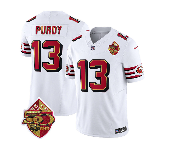 Men's San Francisco 49ers #13 Brock Purdy White 2023 F.U.S.E. 50th Patch Vapor Untouchable Limited Stitched Football Jersey