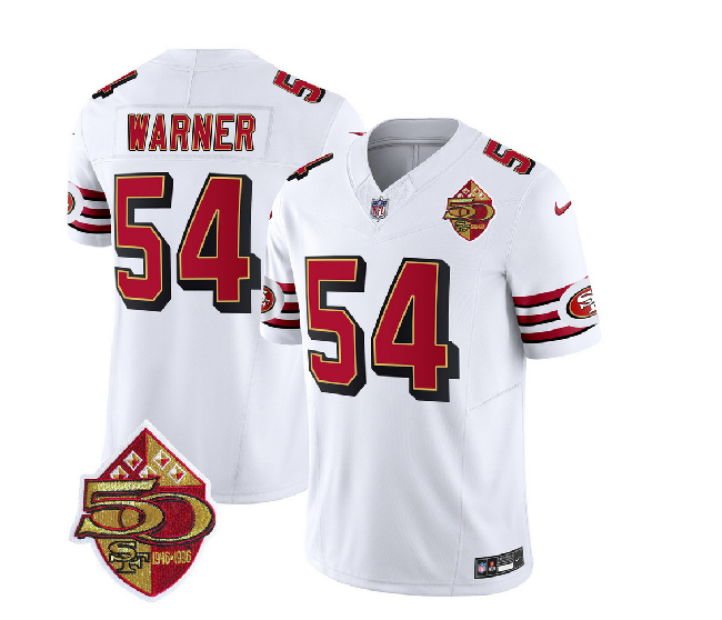 Men's San Francisco 49ers #54 Fred Warner White 2023 F.U.S.E. 50th Patch Throwback Stitched Football Jersey