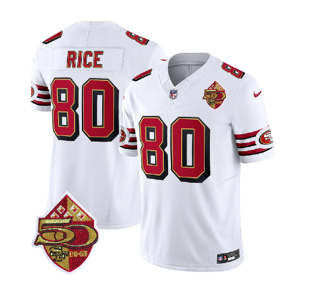 Men's San Francisco 49ers #80 Jerry Rice White 2023 F.U.S.E. 50th Patch Throwback Stitched Football Jersey