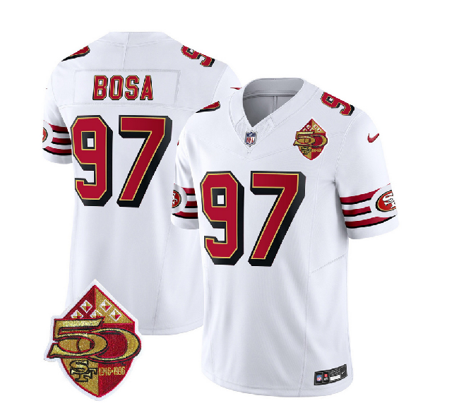 Men's San Francisco 49ers #97 Nick Bosa White 2023 F.U.S.E. 50th Patch Throwback Stitched Football Jersey