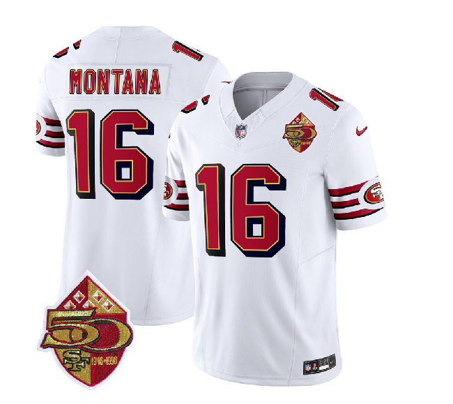 Men's San Francisco 49ers #16 Joe Montana White 2023 F.U.S.E. 50th Patch Throwback Stitched Football Jersey