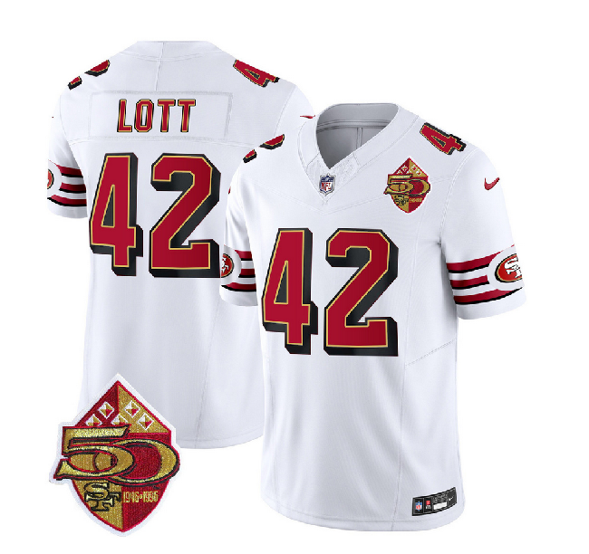 Men's San Francisco 49ers #42 Ronnie Lott White 2023 F.U.S.E. 50th Patch Throwback Stitched Football Jersey