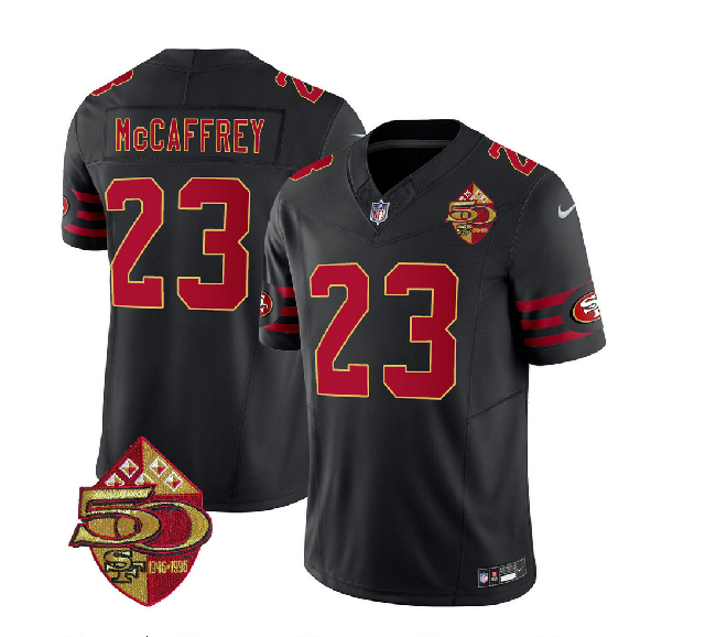 Men's San Francisco 49ers #23 Christian McCaffrey Black 2023 F.U.S.E. 50th Patch Throwback Stitched Football Jersey