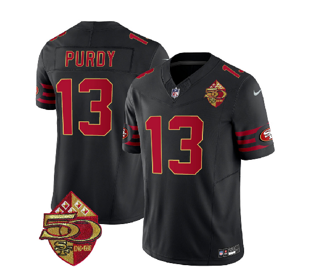 Men's San Francisco 49ers #13 Brock Purdy Black 2023 F.U.S.E. 50th Patch Throwback Stitched Football Jersey
