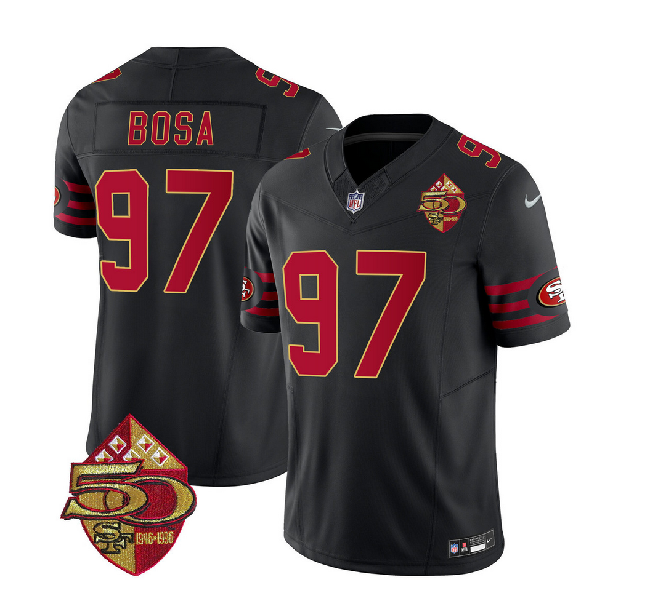 Men's San Francisco 49ers #97 Nick Bosa Black 2023 F.U.S.E. 50th Patch Vapor Limited Stitched Football Jersey