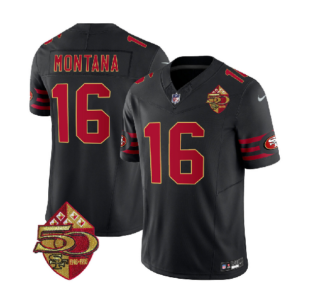 Men's San Francisco 49ers #16 Joe Montana Black 2023 F.U.S.E. 50th Patch Vapor Limited Stitched Football Jersey