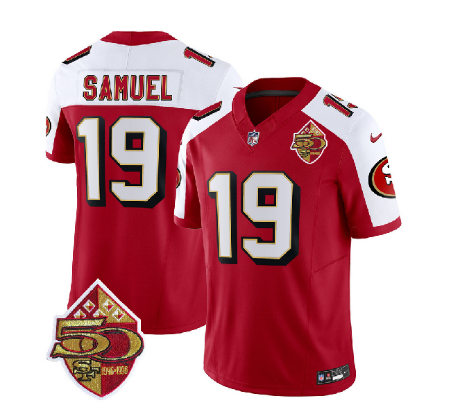 Men's San Francisco 49ers #19 Deebo Samuel Red/White 2023 F.U.S.E. 50th Patch Throwback Stitched Football Jersey