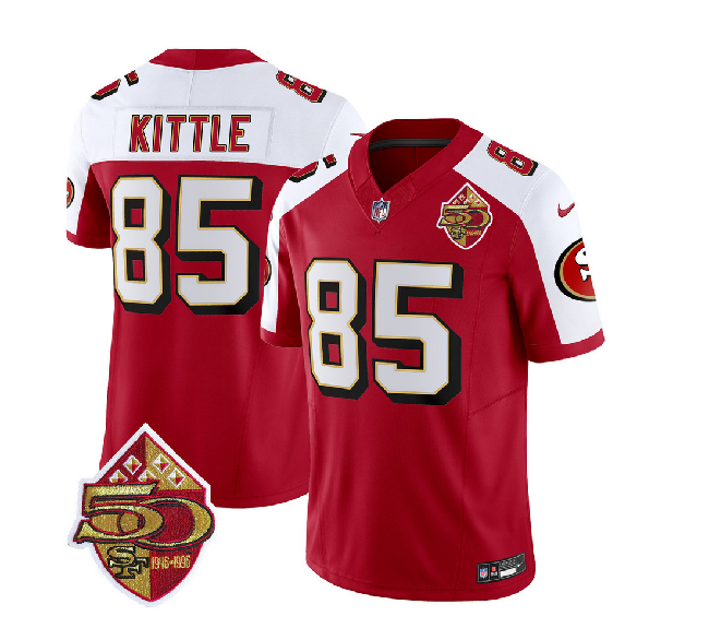 Men's San Francisco 49ers #85 George Kittle Red/White 2023 F.U.S.E. 50th Patch Throwback Stitched Football Jersey