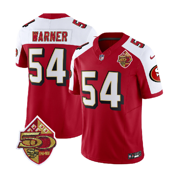 Men's San Francisco 49ers #54 Fred Warner Red/White 2023 F.U.S.E. 50th Patch Vapor Limited Stitched Football Jersey