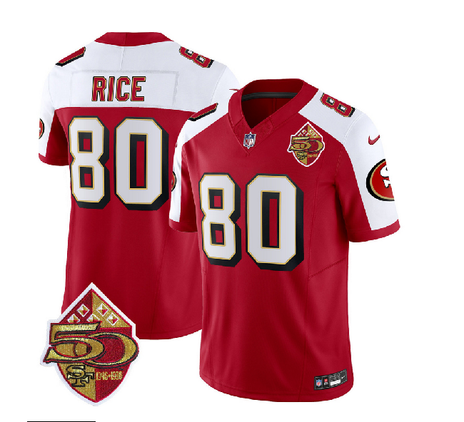 Men's San Francisco 49ers #80 Jerry Rice Red/White 2023 F.U.S.E. 50th Patch Throwback Stitched Football Jersey
