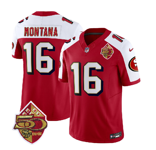 Men's San Francisco 49ers #16 Joe Montana Red/White 2023 F.U.S.E. 50th Patch Throwback Stitched Football Jersey
