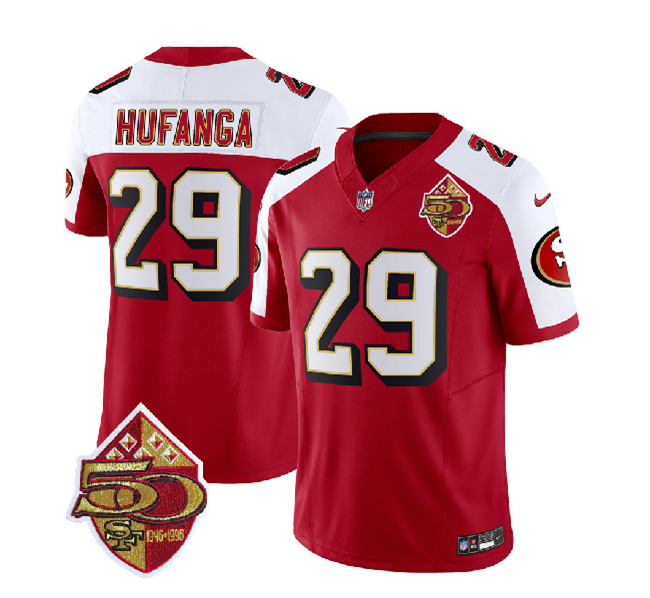 Men's San Francisco 49ers #29 Talanoa Hufanga Red/White 2023 F.U.S.E. 50th Patch Throwback Stitched Football Jersey