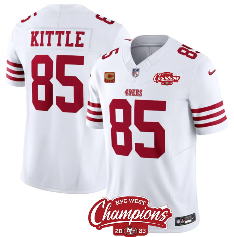 Men's San Francisco 49ers #85 George Kittle White 2023 F.U.S.E. With 4-star C Ptach And NFC West Champions Patch Stitched Football Jersey