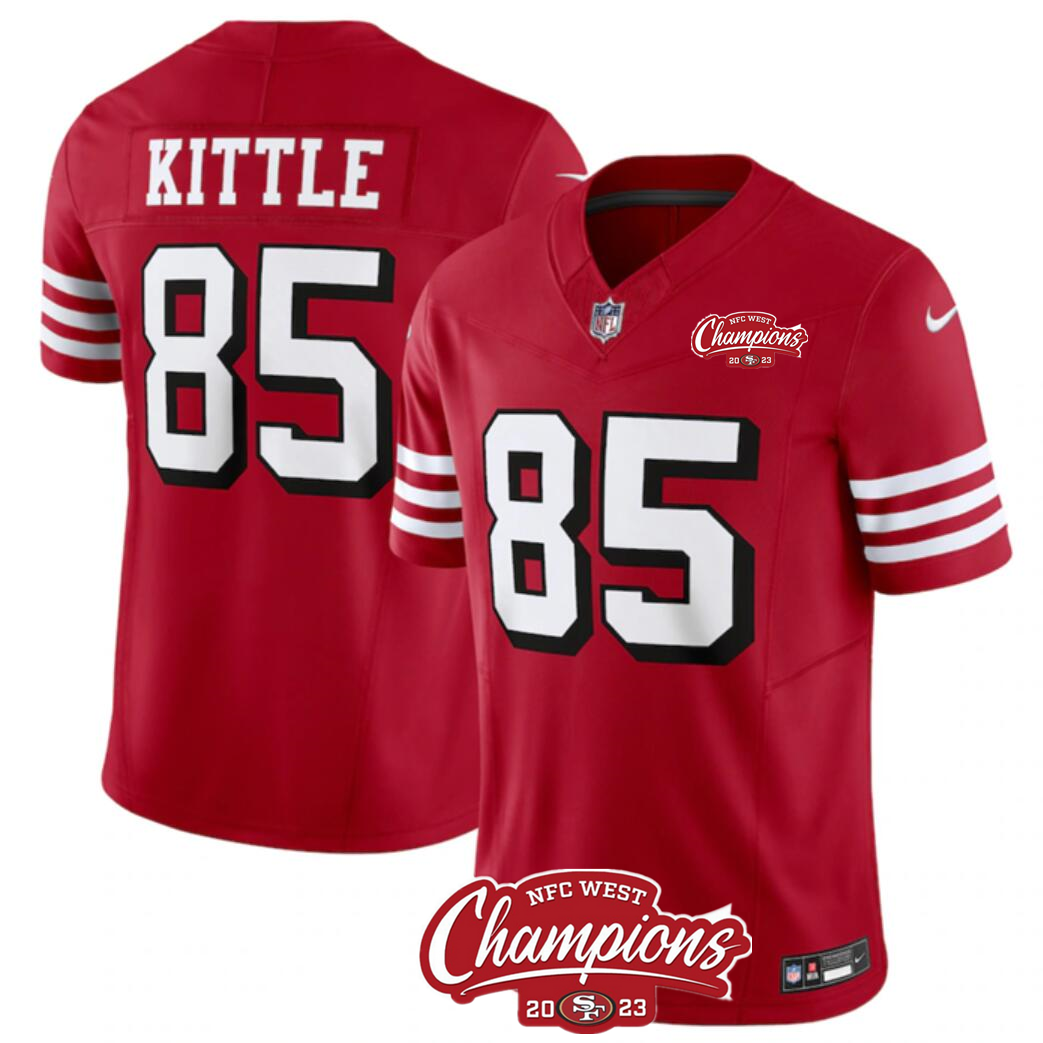 Men's San Francisco 49ers #85 George Kittle Red 2023 F.U.S.E. NFC West Champions Patch Alternate Stitched Football Jersey