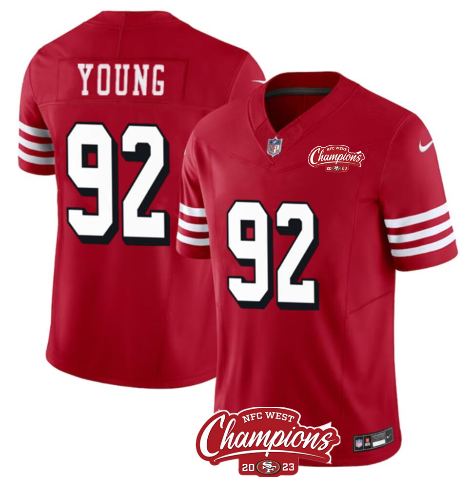Men's San Francisco 49ers #92 Chase Young Red 2023 F.U.S.E. NFC West Champions Patch Alternate Stitched Football Jersey