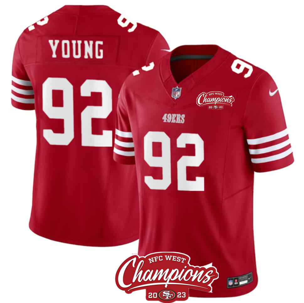 Men's San Francisco 49ers #92 Chase Young Red 2023 F.U.S.E. NFC West Champions Patch Stitched Football Jersey