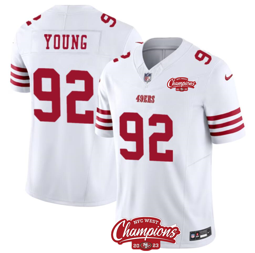 Men's San Francisco 49ers #92 Chase Young White 2023 F.U.S.E. NFC West Champions Patch Stitched Football Jersey
