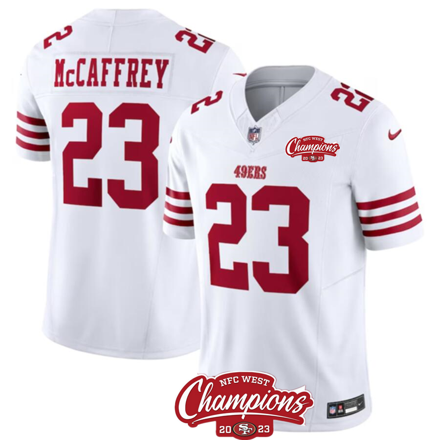 Men's San Francisco 49ers #23 Christian McCaffrey White 2023 F.U.S.E. NFC West Champions Patch Stitched Football Jersey