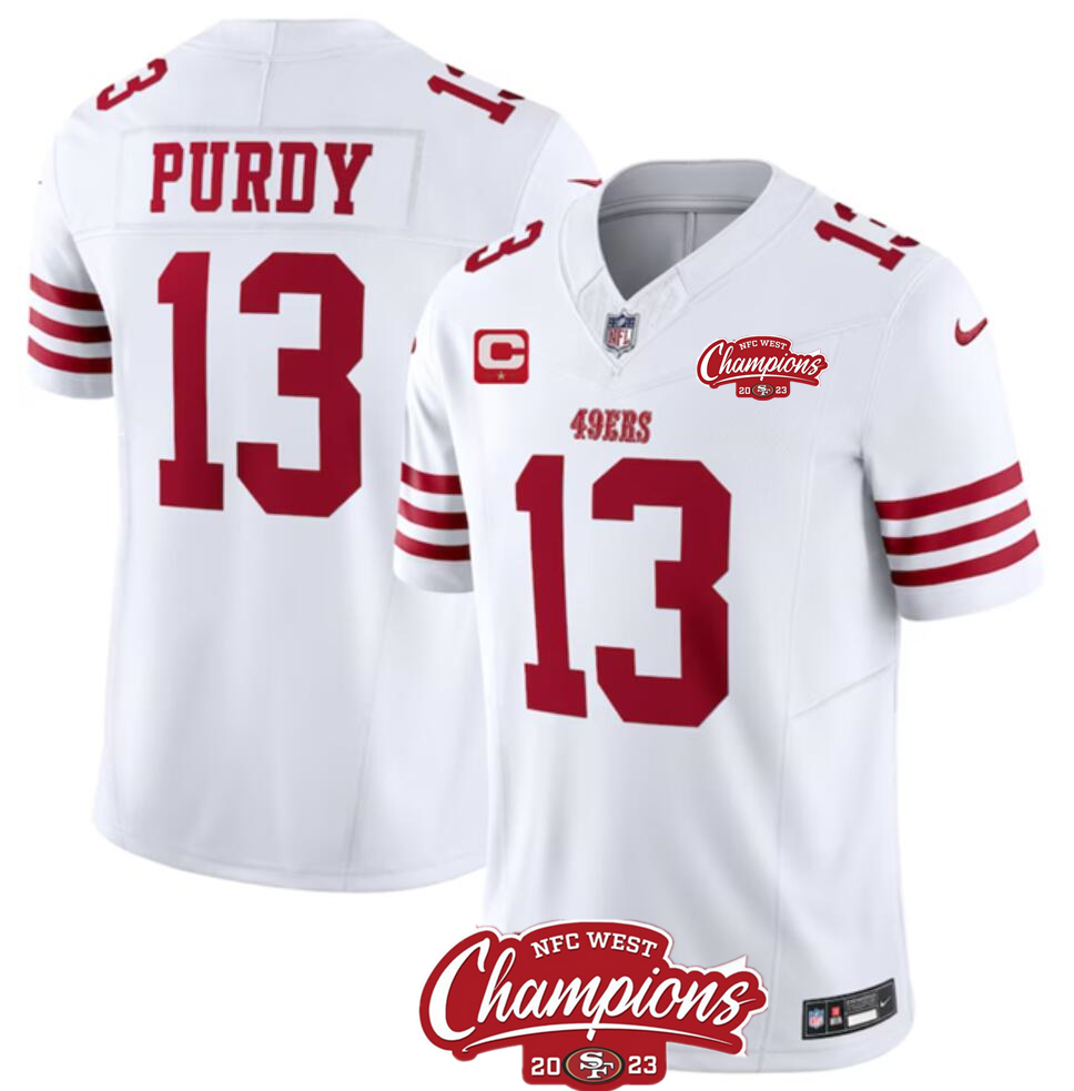 Men's San Francisco 49ers #13 Brock Purdy White 2023 F.U.S.E. With 1-Star C Patch And NFC West Champions Patch Stitched Football Jersey